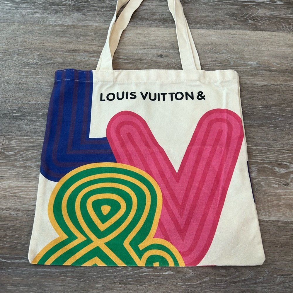 Louis Vuitton Cream Tote with Pink, Green, and Blue Accents